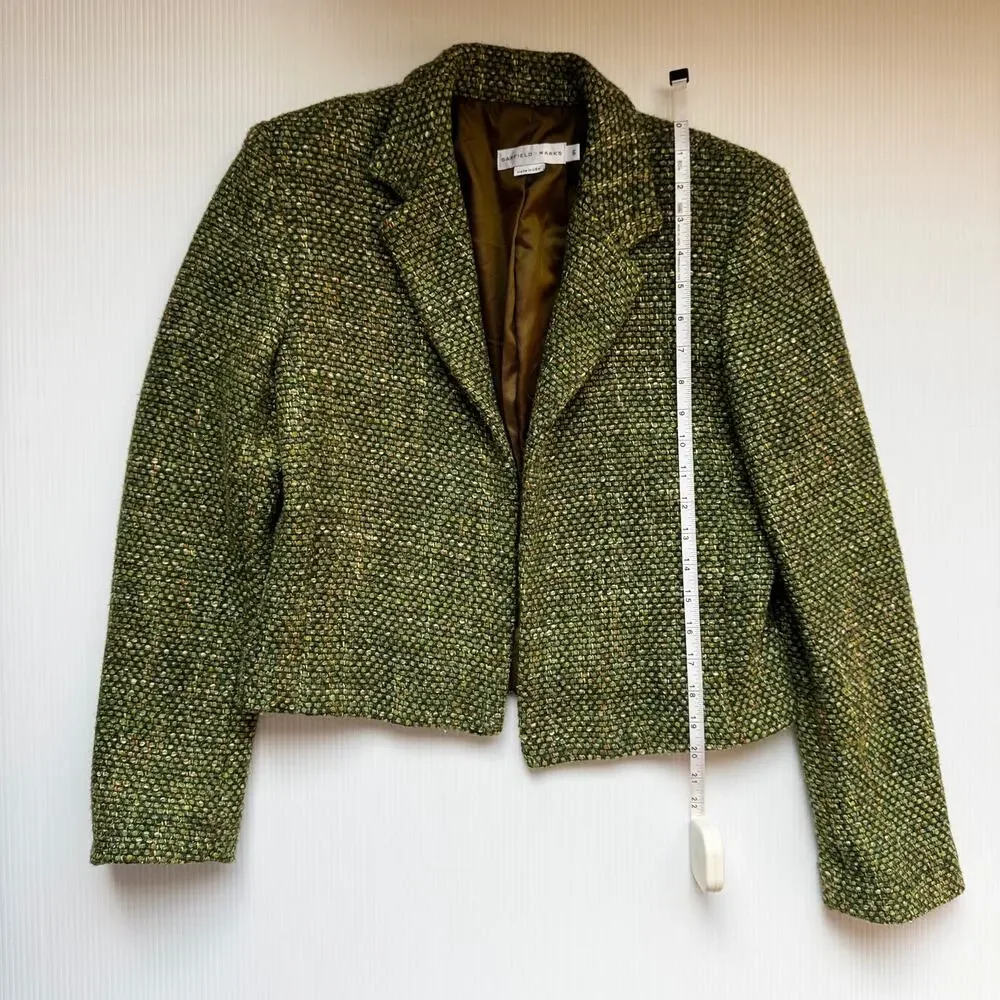 Vtg Tweed Cropped Blazer Green 80s Tailored Jacket Dark Academia Ivy League 6 - Picture 9 of 16